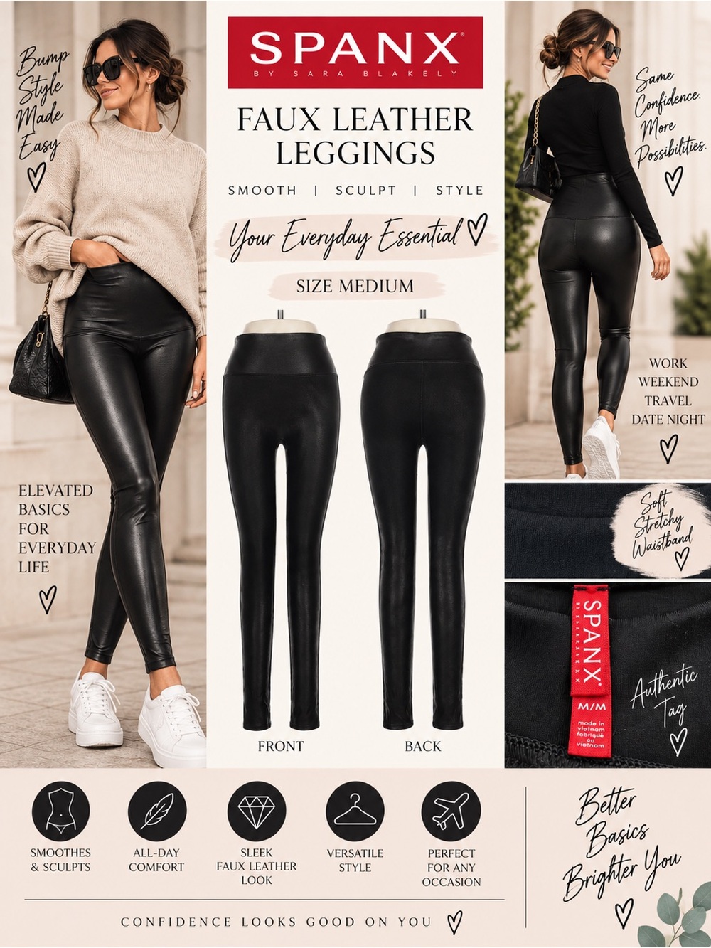 SPANX Faux Leather Leggings Black High Rise Shaping Pants Size Medium